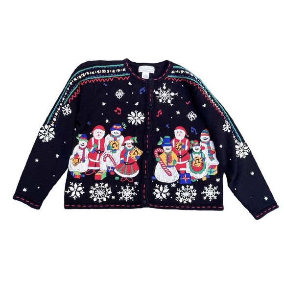 Studio Works Vtg Ugly Christmas Cardigan Sweater M Black Embroidery Front Back - Picture 1 of 11